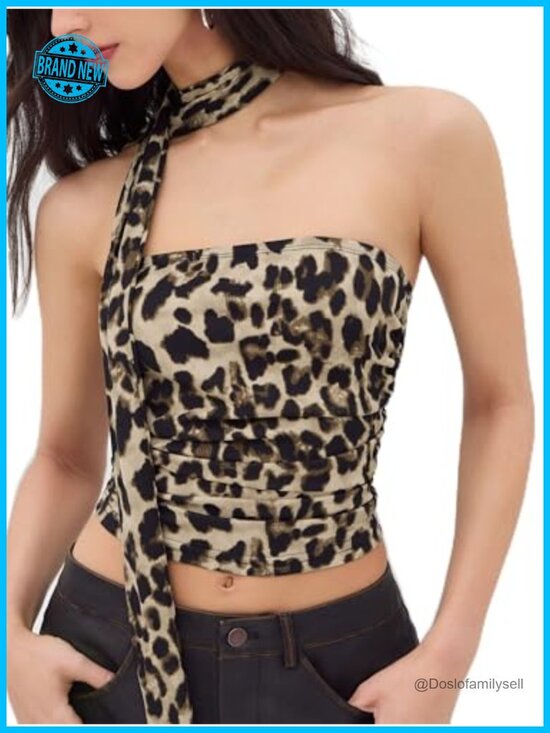 Tops - Leopard Print Strapless Tube Top Ruched Crop Top with Scarf